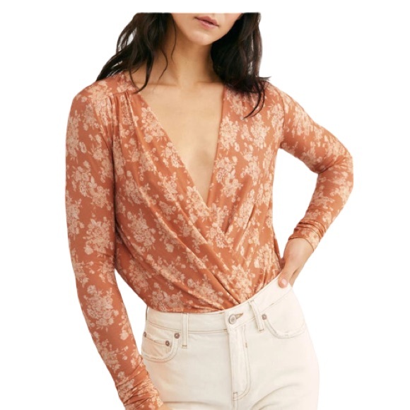 Free People Turnt Wrap Bodysuit - Rust Floral Wrap-Style Long Sleeve Top - Women - Picture 3 of 7
